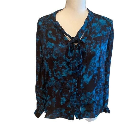 Parker Indigo Blue Long Sleeve Silk Blouse Size Large - Picture 2 of 5